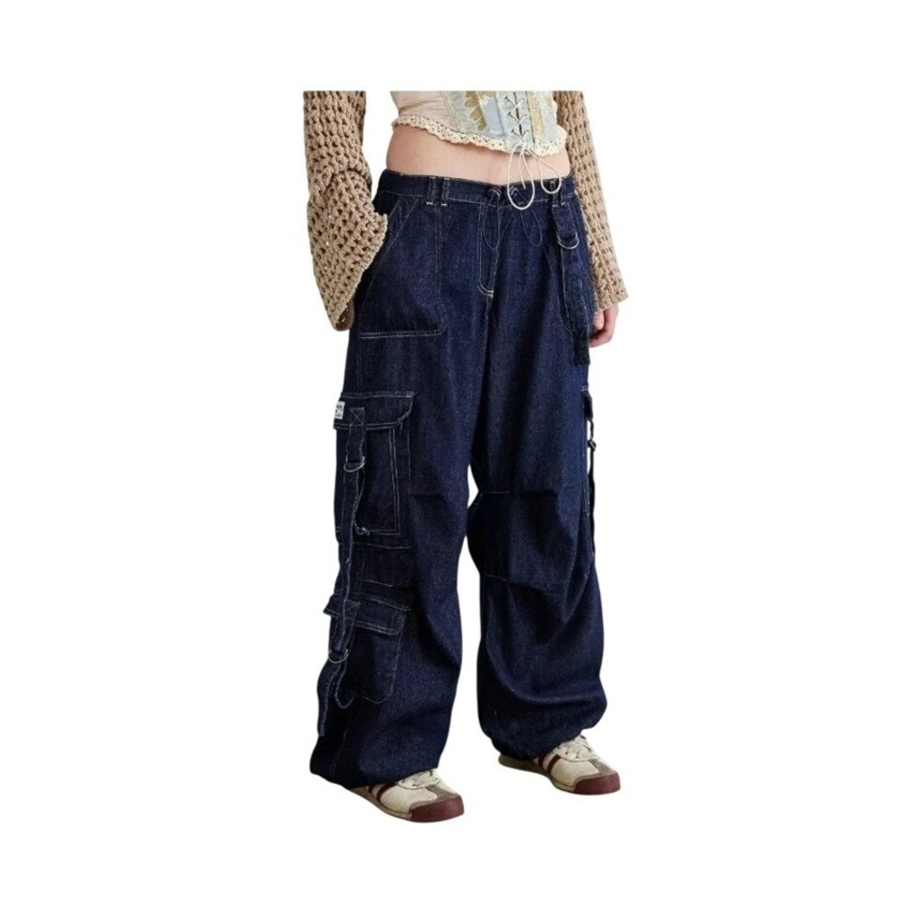 BDG‎ Strappy Balloon Cargo Jeans Blue Dark Wash Denim Mid-Rise Metal Buckle 26